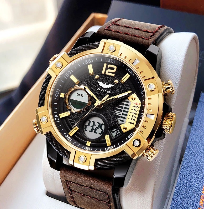 FEICE Dual Time Men’s Watch, Industrial Design with Dual Movement, Leather Strap, Luminous Hands, 3ATM Water Resistant - Image 1